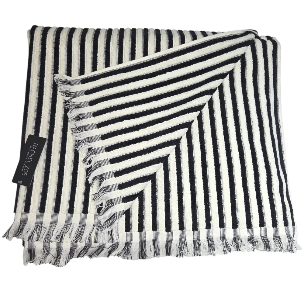 Rachel Zoe Cream Black Striped Fringe Oversized Beach Towel 40x70 Spring Summer